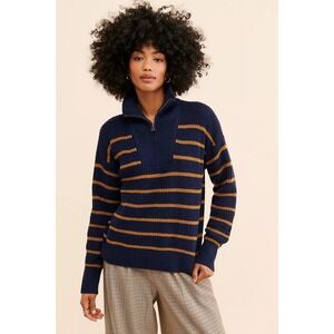 Faherty Mariner Striped Sweater Navy Gold Quarter Zip Organic Cotton Wool Small